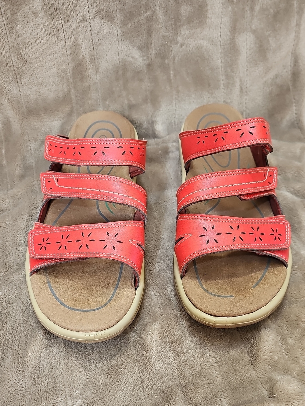 OrthoFeet 923 Women's Red Triple-Strap Velcro Leather Comfort Sandals